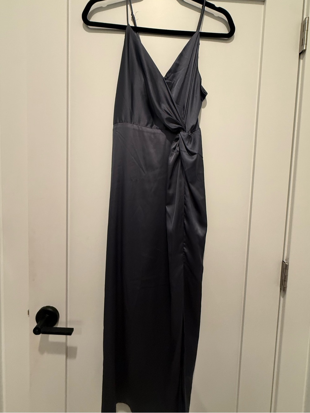 Astr Satin Wrap Maxi Dress in Slate Blue